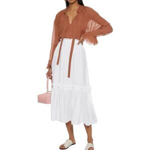 See by Chloe White Ruffle-Trimmed Crinkle-Voile Midi Skirt Size Small FR-36 US-4